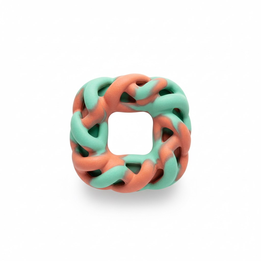 Mordedor interativo FlexiPata Maze Chew verde menta e coral em fundo branco