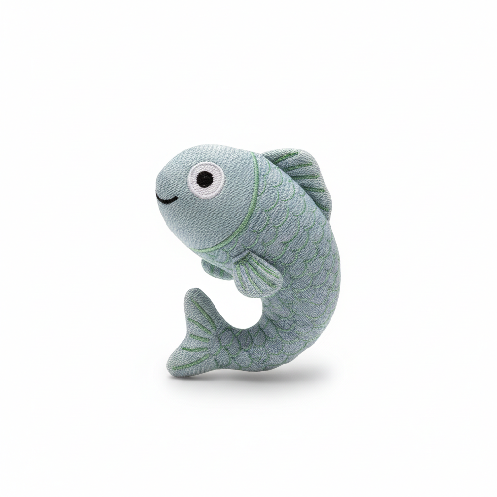 Brinquedo kicker Peixinho Ronrom azul prateado para gatos em fundo branco