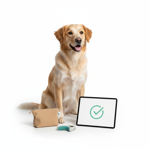 Banner do curso digital de treino canino Cão Equilibrado com cão atento e acessórios de treino em fundo branco